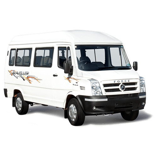 Modern Tempo Traveller in Kashmir with scenic mountain backdrop