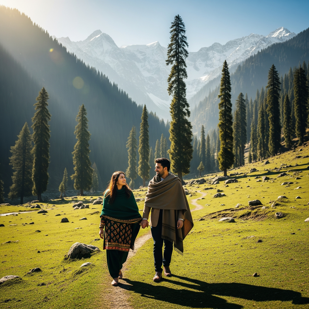 Honeymoon couple exploring Betaab Valley Kashmir