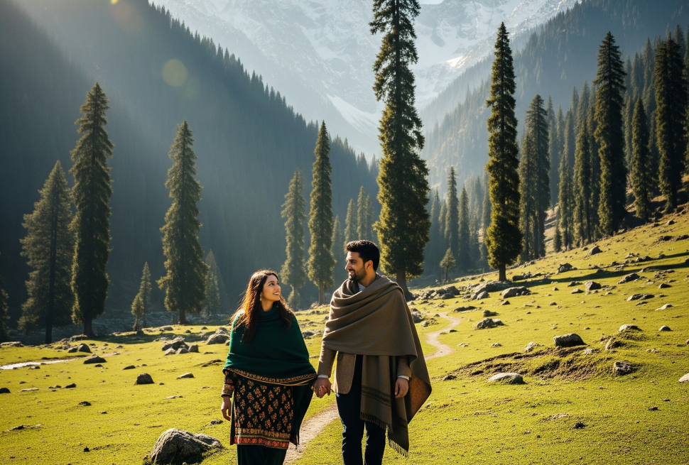 Honeymoon couple exploring Betaab Valley Kashmir