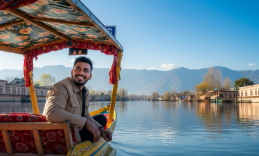 Tourist enjoying shikara ride on Dal Lake, Srinagar