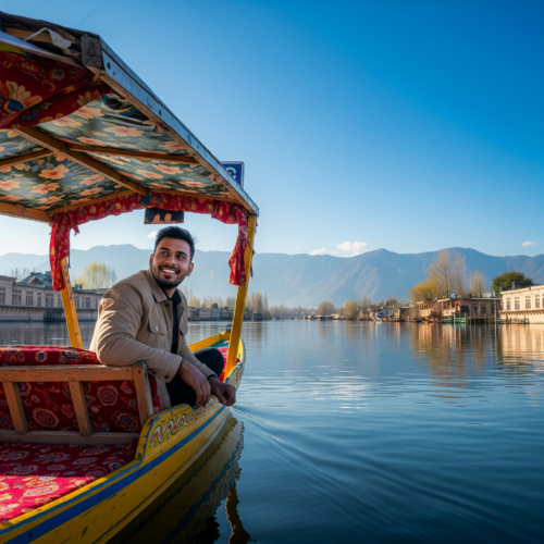 Tourist enjoying shikara ride on Dal Lake, Srinagar