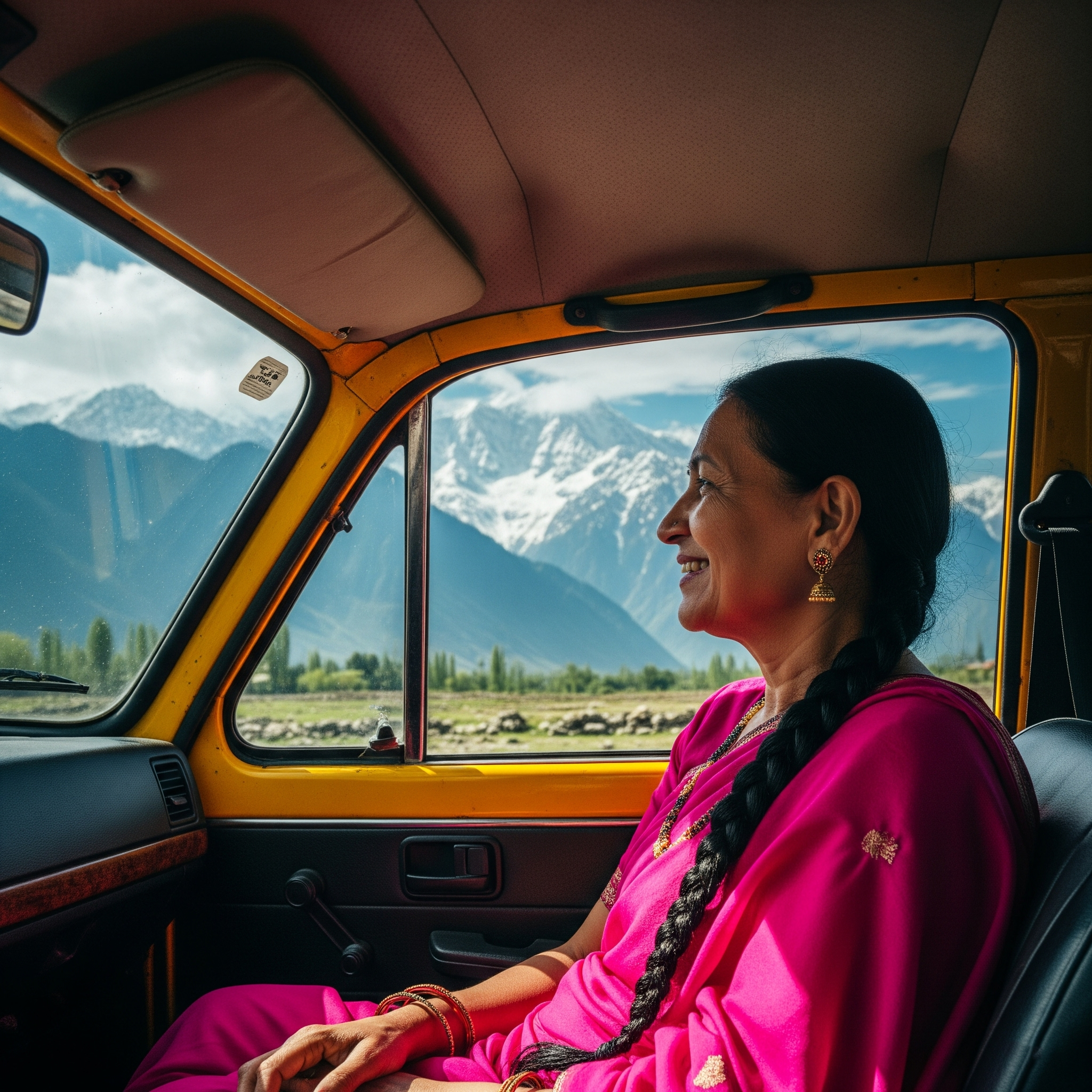 Tourist enjoying view from taxi in kashmir