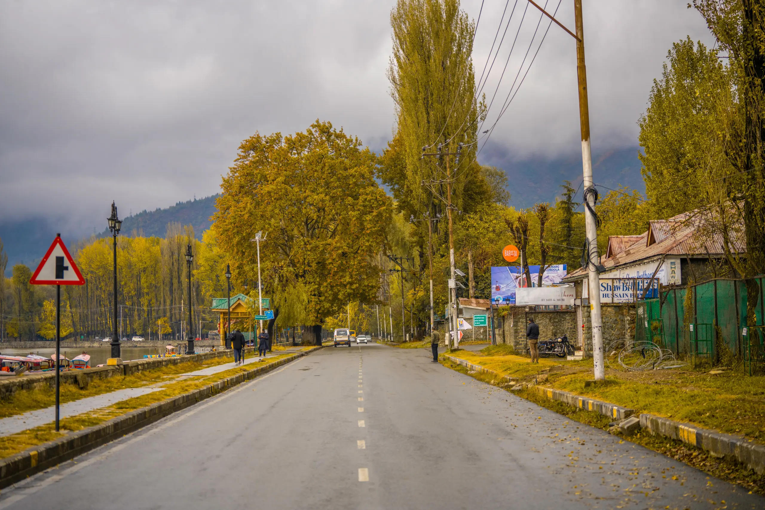 Quiet road in Kashmir during autumn, showcasing vibrant fall foliage and distant mountains.