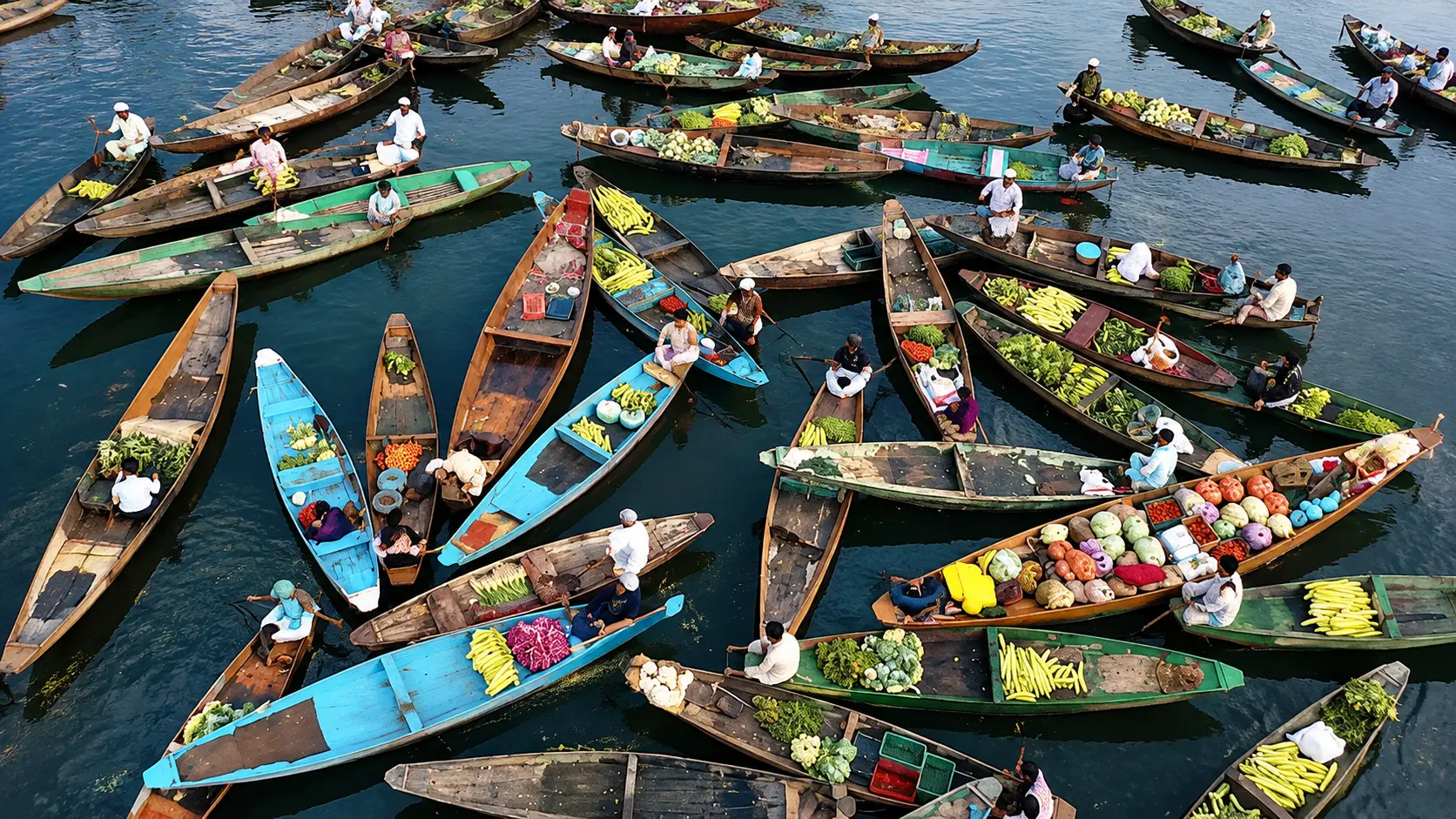 Floating vegetable market on Dal Lake, Srinagar: boats loaded with vegetables at dawn