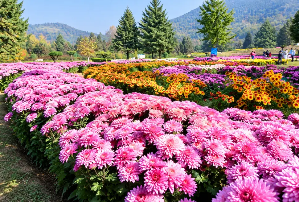 Chrysanthemum flower beds in autumn at Bagh-e-Gul-e-Dawood, Srinagar